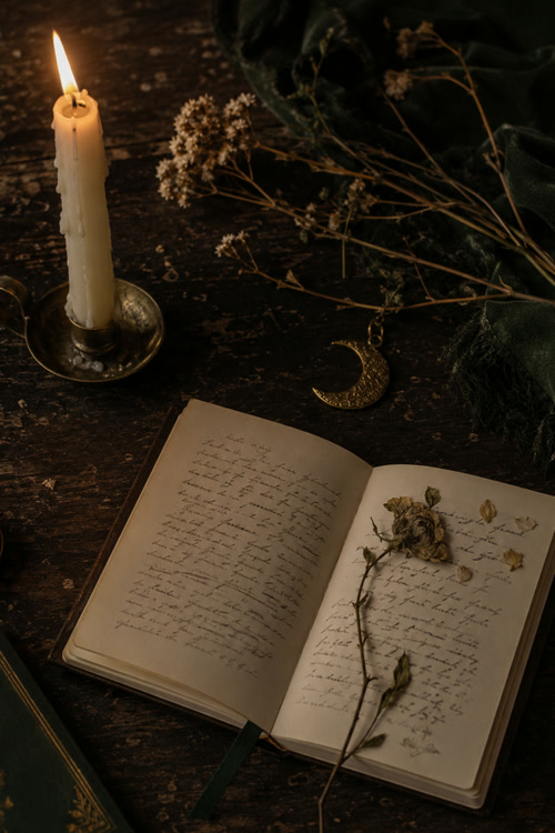 journal morning ritual setup with candle